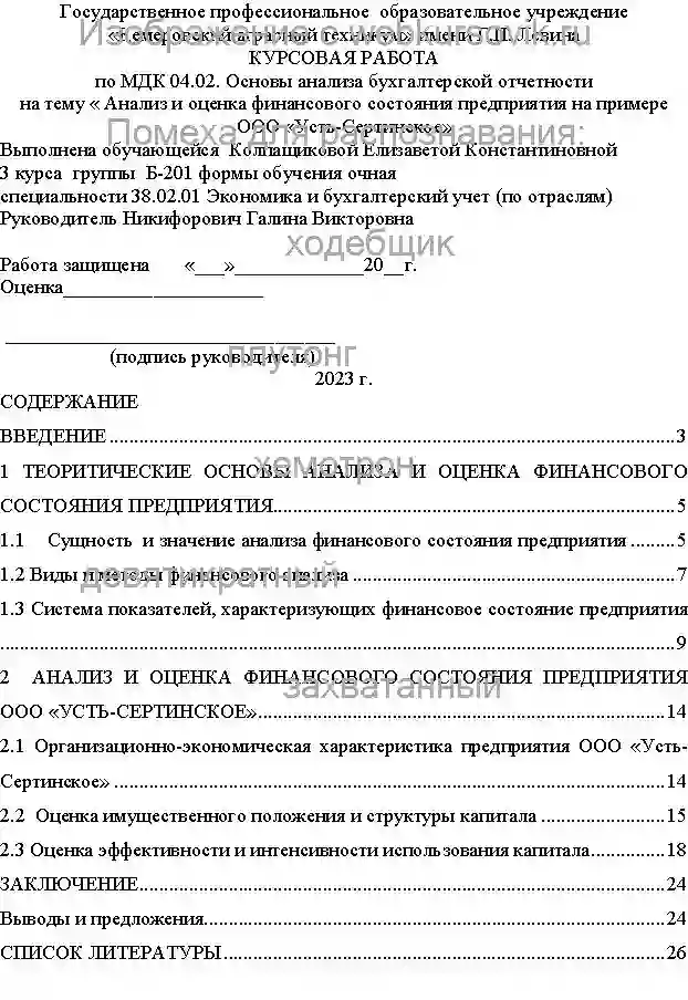 Курсовик Анализ и оценка финансового состояния предприятия на примере ООО «Усть-Сертинское» страница №1