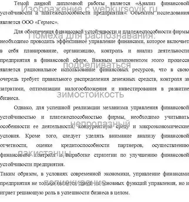Диплом Анализ финансовой устойчивости и платежеспособности предприятия ООО «Гермес» страница №2